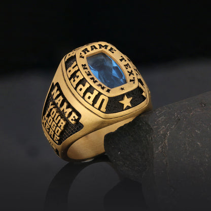 Personalized Gold Ring for Men, Custom Engraved Blue Stone Signet Ring, Unique Gift for Him