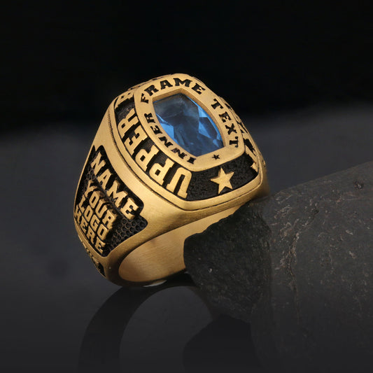 Personalized Gold Ring for Men, Custom Engraved Blue Stone Signet Ring, Unique Gift for Him