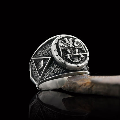32nd Degree Masonic Ring, Two-Headed Eagle Ring, Engraved Freemason Ring, Masonic Symbol Signet Ring