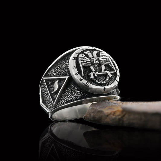 32nd Degree Masonic Ring, Two-Headed Eagle Ring, Engraved Freemason Ring, Masonic Symbol Signet Ring