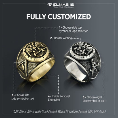 32nd Degree Masonic Ring, Two-Headed Eagle Ring, Engraved Freemason Ring, Masonic Symbol Signet Ring