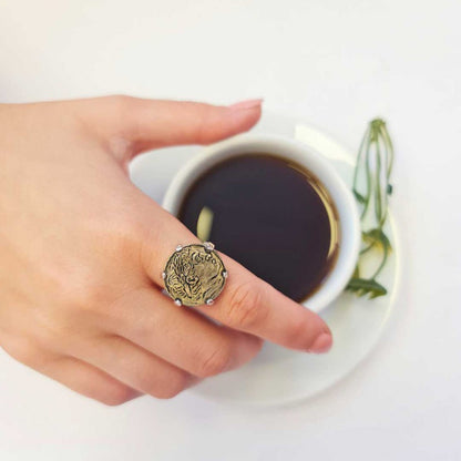 925 Sterling Silver Alexander the Great Coin Women Ring