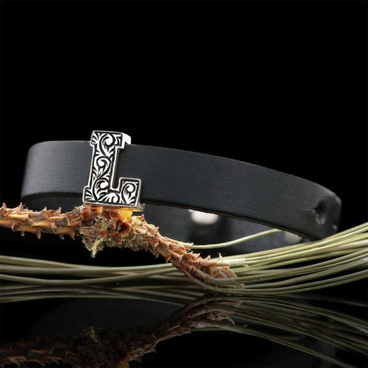 925 Sterling Silver Motif L Letter Leather Bracelet