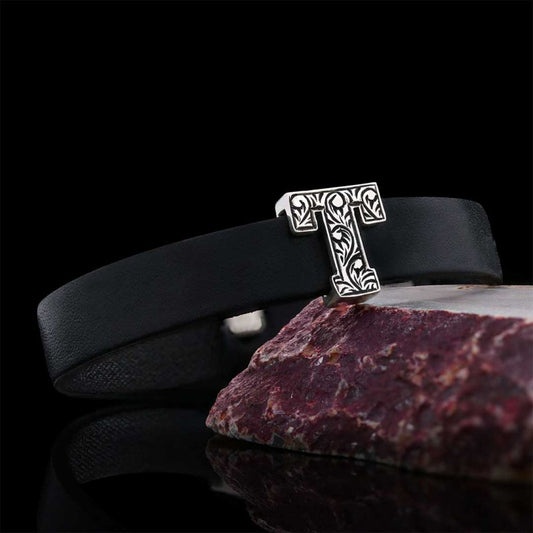 925 Sterling Silver Motif Letter T Leather Bracelet