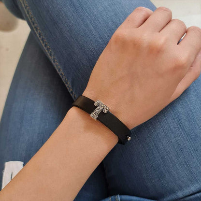 925 Sterling Silver Motif Letter T Leather Bracelet