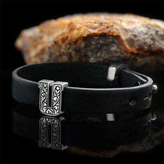 925 Sterling Silver Motif Letter U Leather Bracelet
