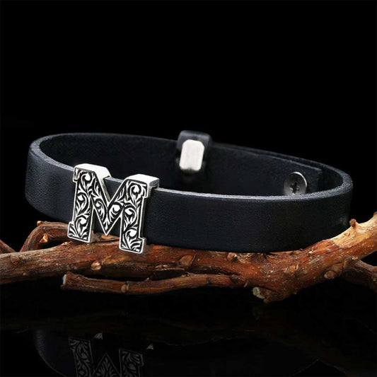 925 Sterling Silver Motif M Letter Leather Bracelet