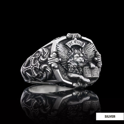 925 Sterling Silver St. Mark Lion Ring, Evangelist Lion Cross Ring, Men's Silver Signet Ring, Christian Men's Ring, Religious Gift for Men