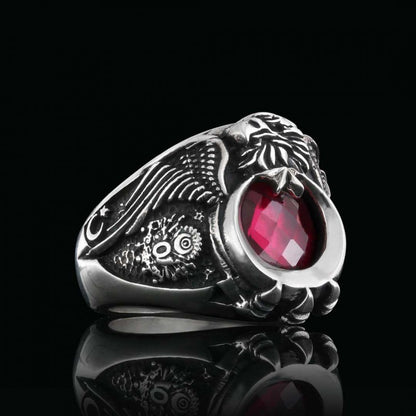 925 Sterling Silver Stoned Eagle Head Tughra Ring