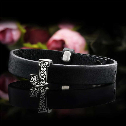 925 Sterling Silver Motif J Letter Leather Bracelet
