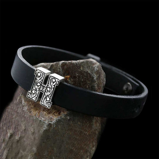 925 Sterling Silver Motif Letter H Leather Bracelet