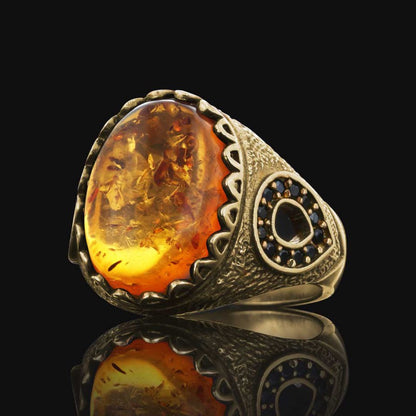 Amber Stone Silver Ring 925 Sterling