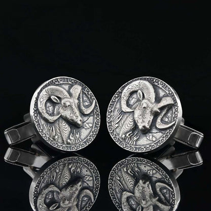 Round Handmade Silver Aries Cufflink