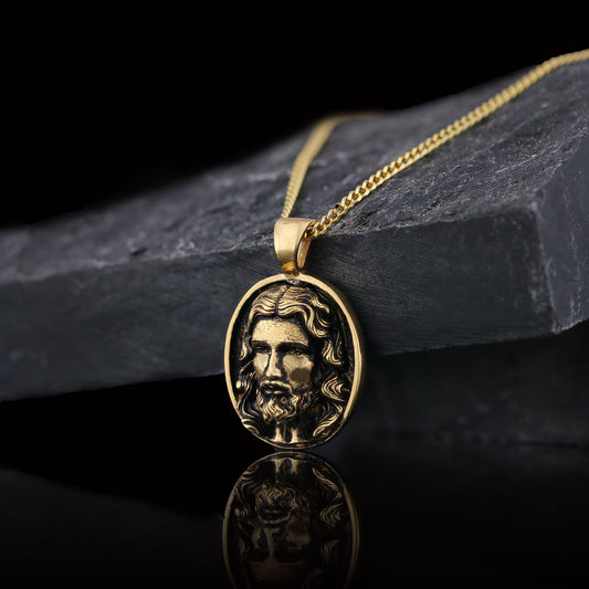 Christ Pendant, Christian Necklace, Jesus Necklace, Religious Gift for Men, Round Silver Religious Necklace, Gold Plated Jesus Jewelry