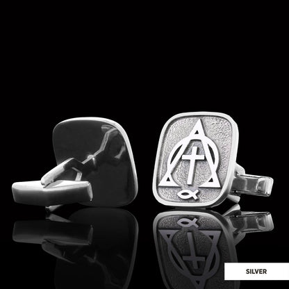 Christian Cross Ichthus Cufflinks, Alpha Omega Cross Cufflinks, Square Christianity Ichthus Cufflinks