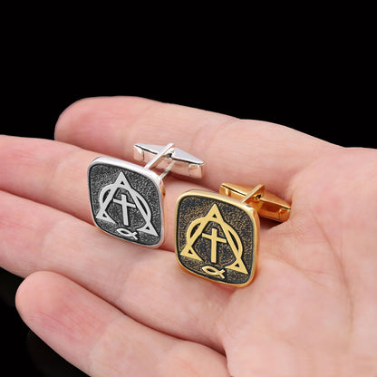 Christian Cross Ichthus Cufflinks, Alpha Omega Cross Cufflinks, Square Christianity Ichthus Cufflinks
