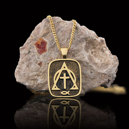 Christian Cross Ichthus Necklace, Alpha Omega Cross Necklace, Square Christianity Ichthus Pendant