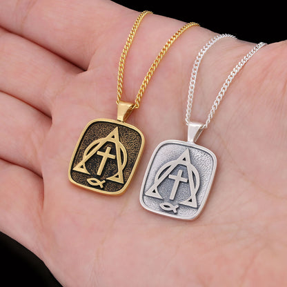 Christian Cross Ichthus Necklace, Alpha Omega Cross Necklace, Square Christianity Ichthus Pendant