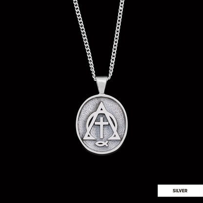 Christian Cross Ichthus Necklace, Square Christian Jewelry, Ichthus Pendant, Alpha Omega Cross Necklace