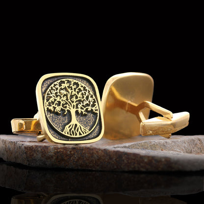 Christian Tree of Life Gold Plated Silver Cufflinks, Silver Square Tree of Life Cufflinks, 925 Sterling Silver Christian Cufflinks