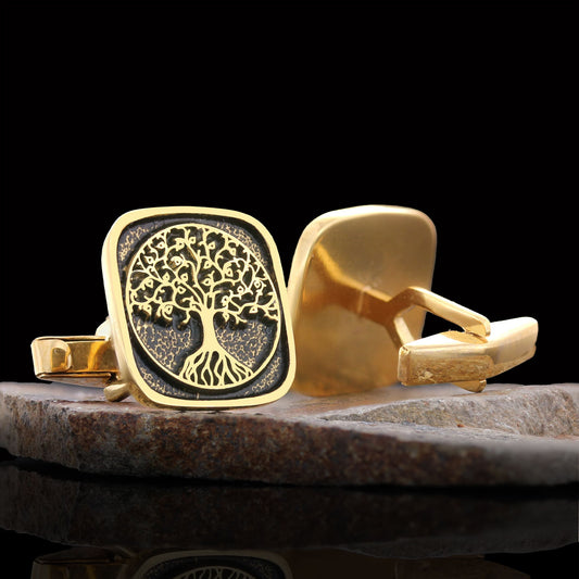 Christian Tree of Life Gold Plated Silver Cufflinks, Silver Square Tree of Life Cufflinks, 925 Sterling Silver Christian Cufflinks