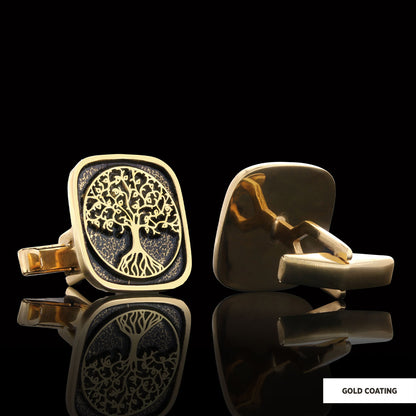 Christian Tree of Life Gold Plated Silver Cufflinks, Silver Square Tree of Life Cufflinks, 925 Sterling Silver Christian Cufflinks