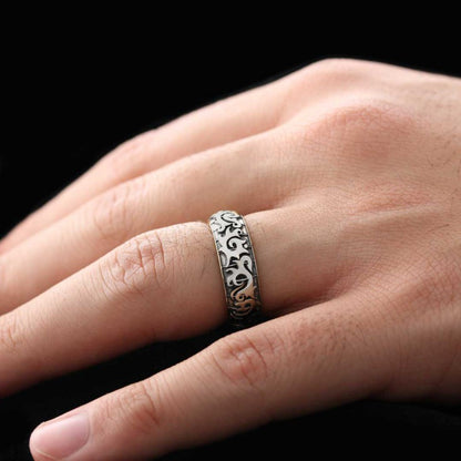 Classical Motif Embroidered Silver Wedding Ring