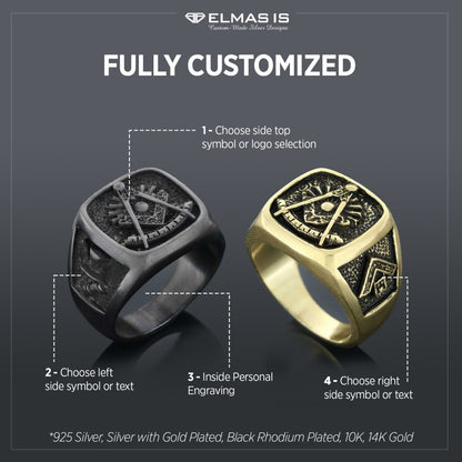 Compass Embossed Masonic Ring, Square Mason Ring, Ancient Lodge Mason Ring