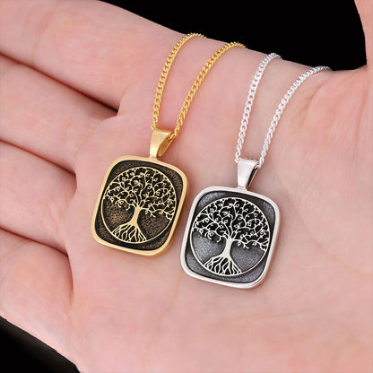 Christian Tree of Life Gold Plated Silver Necklace, Silver Square Tree of Life Necklace, 925 Sterling Silver Christian Pendants