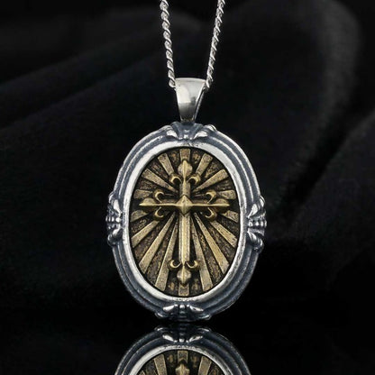 Oval Sterling Silver Christian Cross Pendant