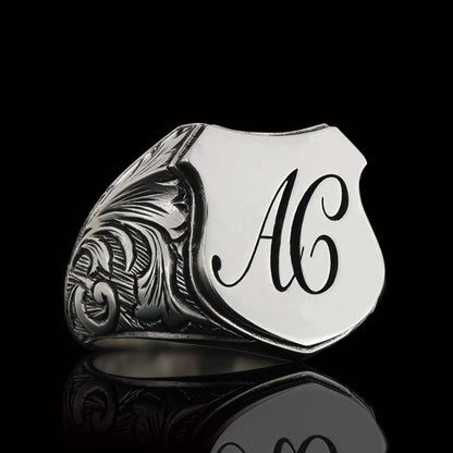 Custom Design Silver Motif A-C Letter Monogram Ring