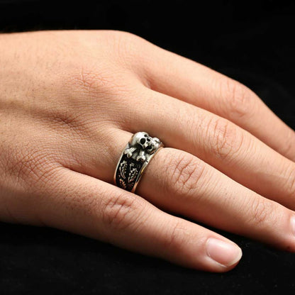 Custom Design Silver Skull Leaf Motif Ring