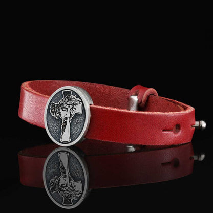 Custom Made Oval Jesus Cross Leather Bracelet