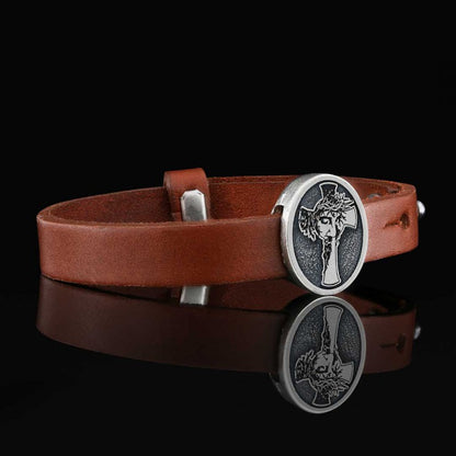 Custom Made Oval Jesus Cross Leather Bracelet