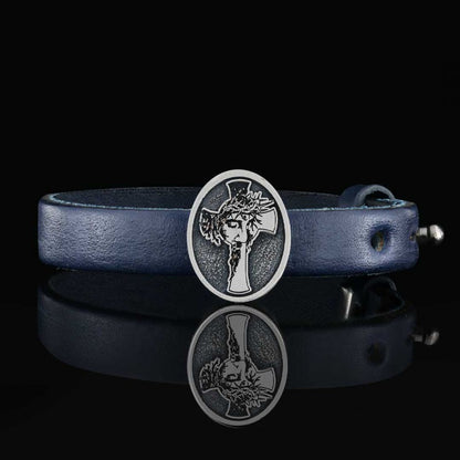 Custom Made Oval Jesus Cross Leather Bracelet