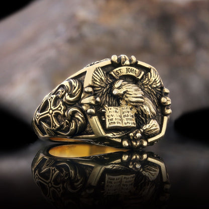 Eagle Of Saint John Apostle Evangelist Cross Pattern Signet Ring, Apostle Evangelist Symbol with Cross Engraving Ring, Christian Men's Ring