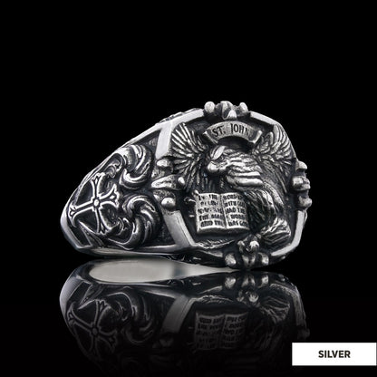 Eagle Of Saint John Apostle Evangelist Cross Pattern Signet Ring, Apostle Evangelist Symbol with Cross Engraving Ring, Christian Men's Ring