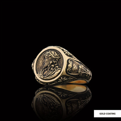 Jesus Motif Ring, Jesus Ring, Silver Religious Ring, Gold Plated Jesus Jewelry, Christian Signet Ring