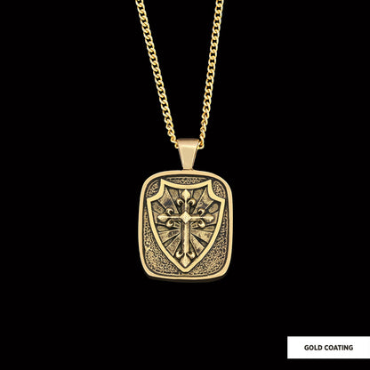 Knight's Cross and Shield Necklace, Silver Shield Necklace, Religious Gift for Men, Christian Armor Jewelry, Crusader Accessory