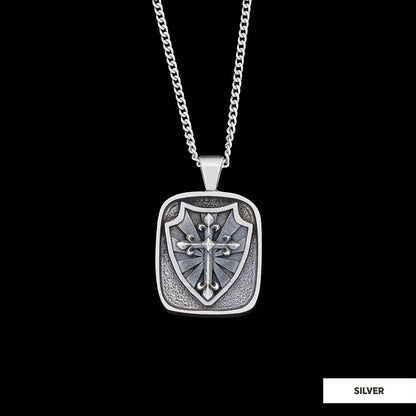 Knight's Cross and Shield Necklace, Silver Shield Necklace, Religious Gift for Men, Christian Armor Jewelry, Crusader Accessory