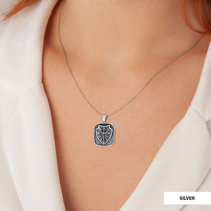 Knight's Cross and Shield Necklace, Silver Shield Necklace, Religious Gift for Men, Christian Armor Jewelry, Crusader Accessory