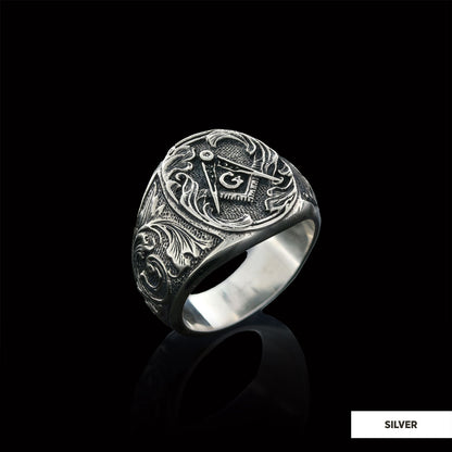 Masonic Compass Round Ring, Men Signet Mason Ring, Freemason Symbol Signet Ring