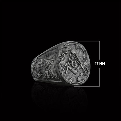 Masonic Compass Round Ring, Men Signet Mason Ring, Freemason Symbol Signet Ring