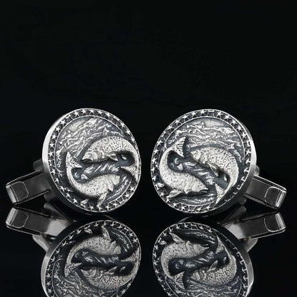 Handmade Silver Round Pisces Cufflink