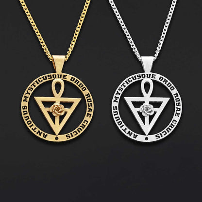 Round Rosae Crucis Symbol Pendant, Antiquus Mysticusque Ordo Rosae Crucis Pendant, Mason Charm Necklace