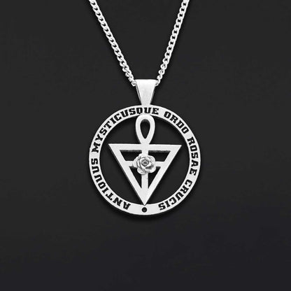 Round Rosae Crucis Symbol Pendant, Antiquus Mysticusque Ordo Rosae Crucis Pendant, Mason Charm Necklace
