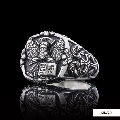 Saint Matthew Apostle Evangelist Christian Cross Signet Ring, Apostle Evangelist Symbol with Cross Engraving Ring, Christian Men's Ring