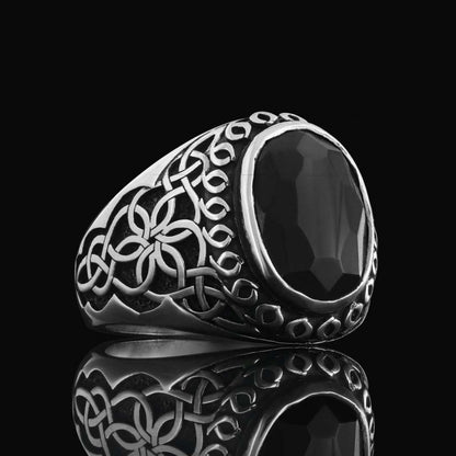 Side Patterned Natural Stone Sterling Silver Men Ring