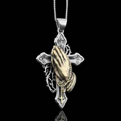 Silver Color Jesus Cross Praying Hands Necklace