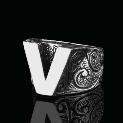 Unique Design Silver Letter V Monogram Ring
